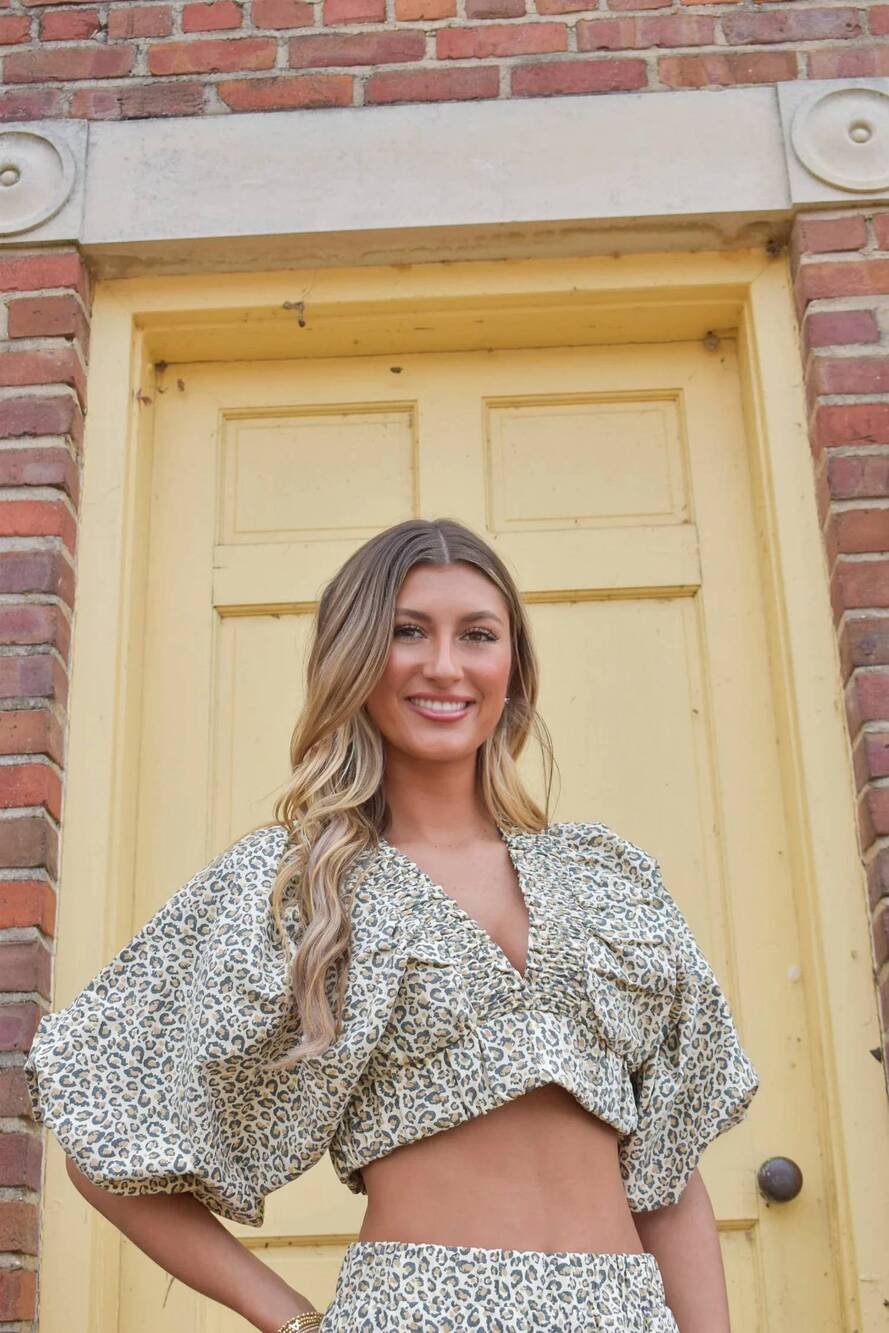 NEW BUCKETLIST cinched v neck crop top in leopard